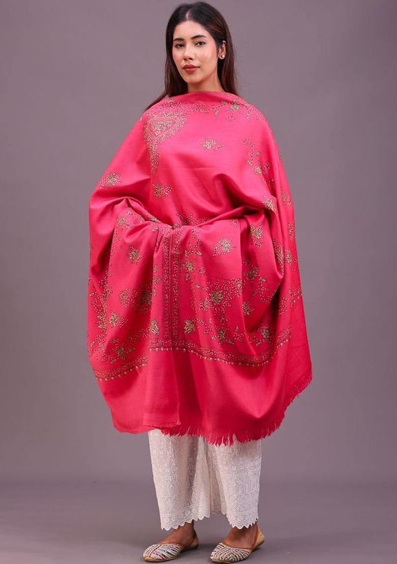 Pink Floral Woolen Shawls - Indya