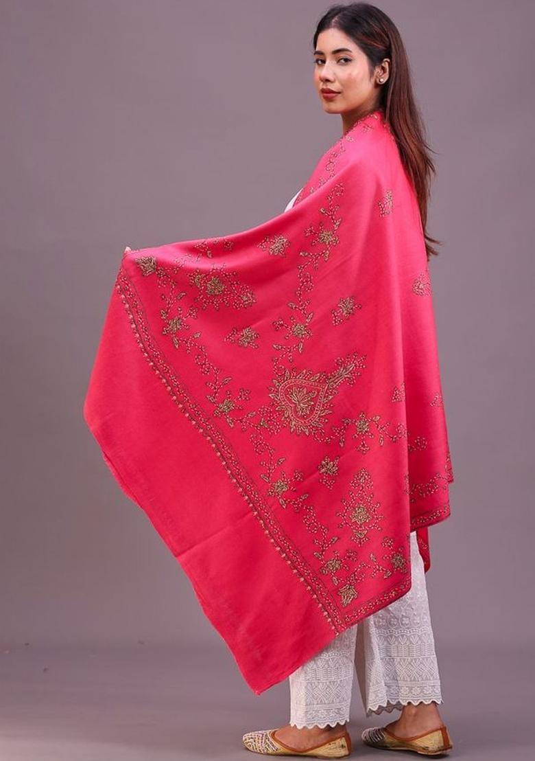 Pink Floral Woolen Shawls - Indya