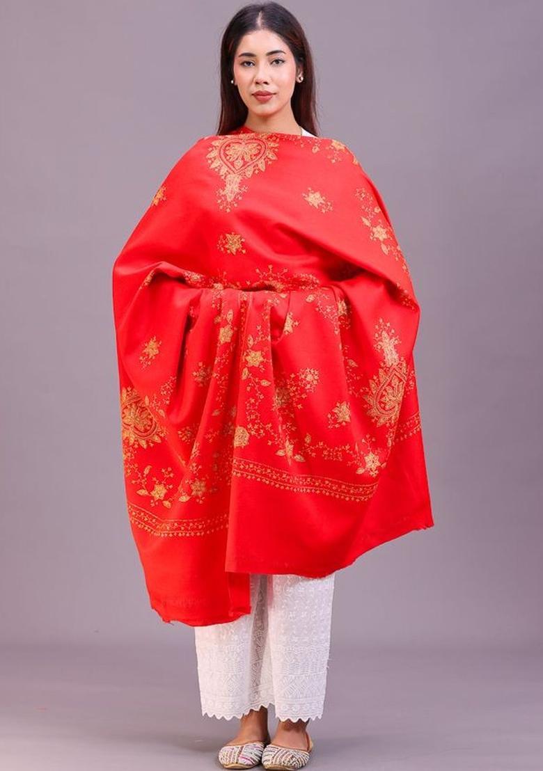 Red Floral Woolen Shawls - Indya