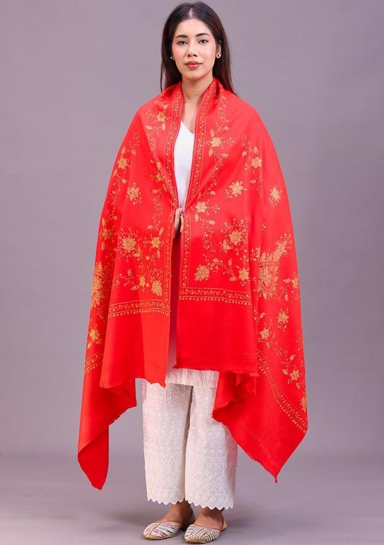 Red Floral Woolen Shawls - Indya