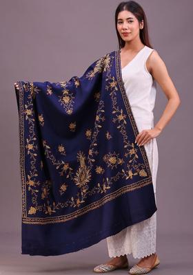 Navy Blue Floral Woolen Shawls