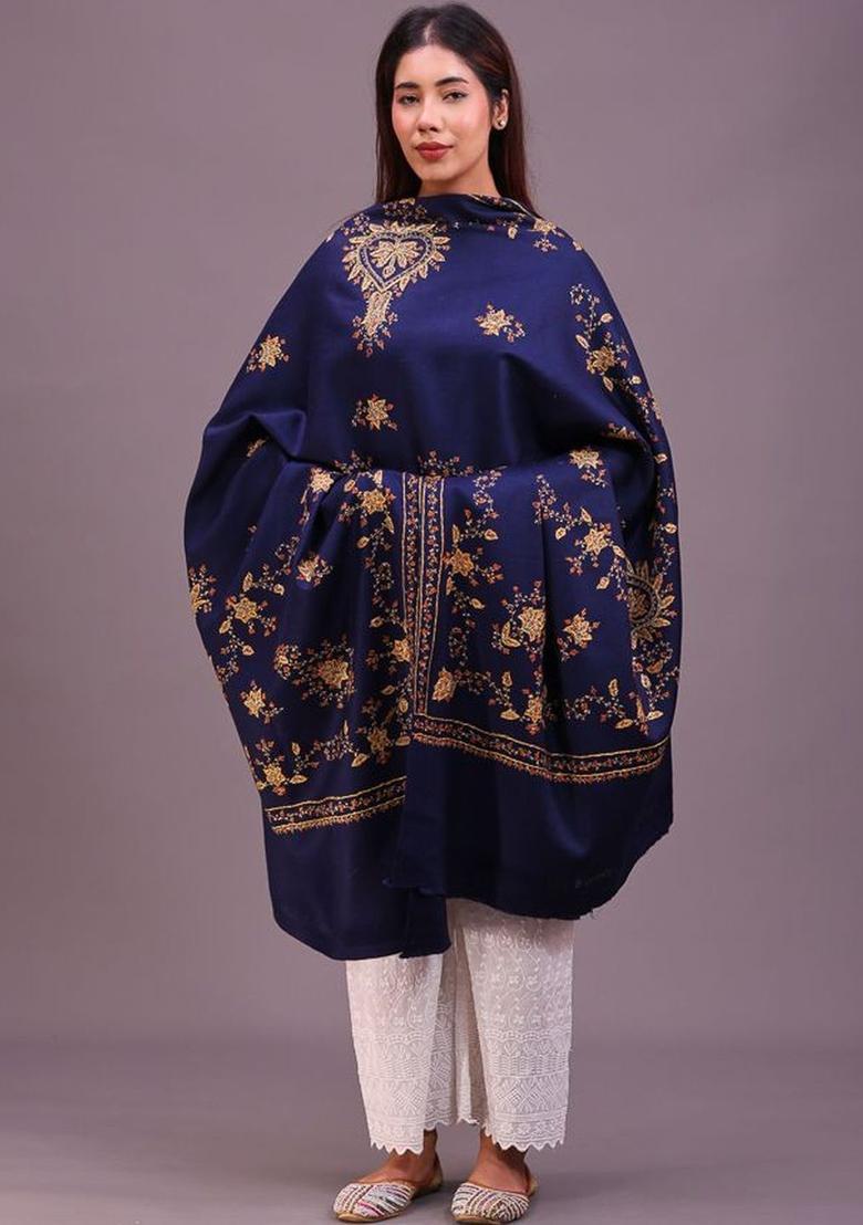 Navy Blue Floral Woolen Shawls - Indya