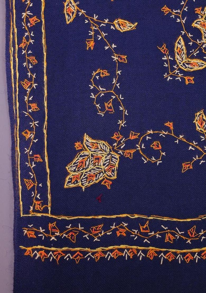 Navy Blue Floral Woolen Shawls - Indya