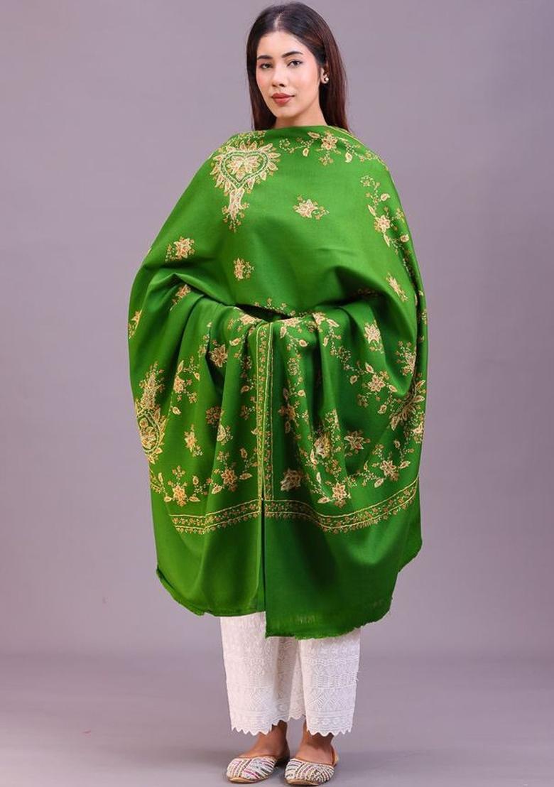 Green Floral Woolen Shawls - Indya
