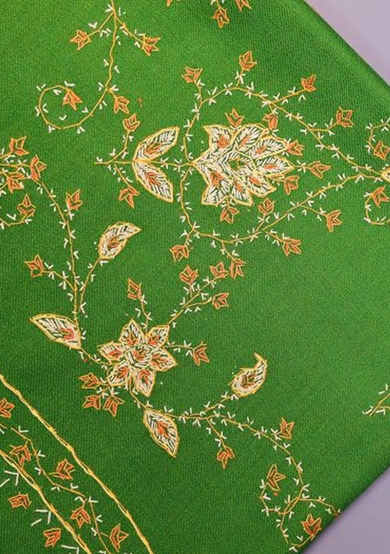 Green Floral Woolen Shawls - Indya