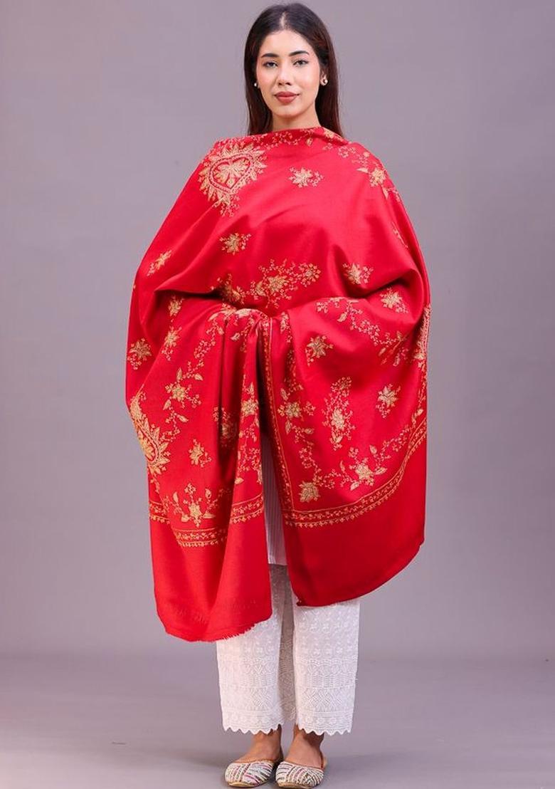 Maroon Floral Woolen Shawls - Indya