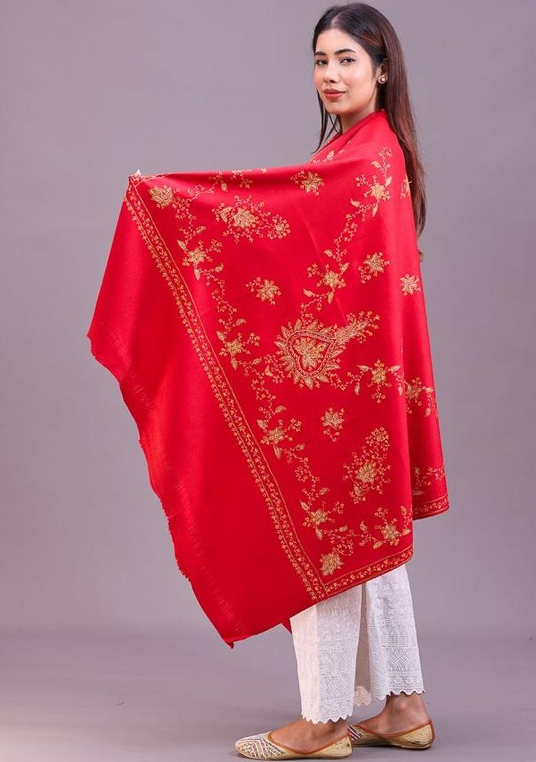 Maroon Floral Woolen Shawls - Indya
