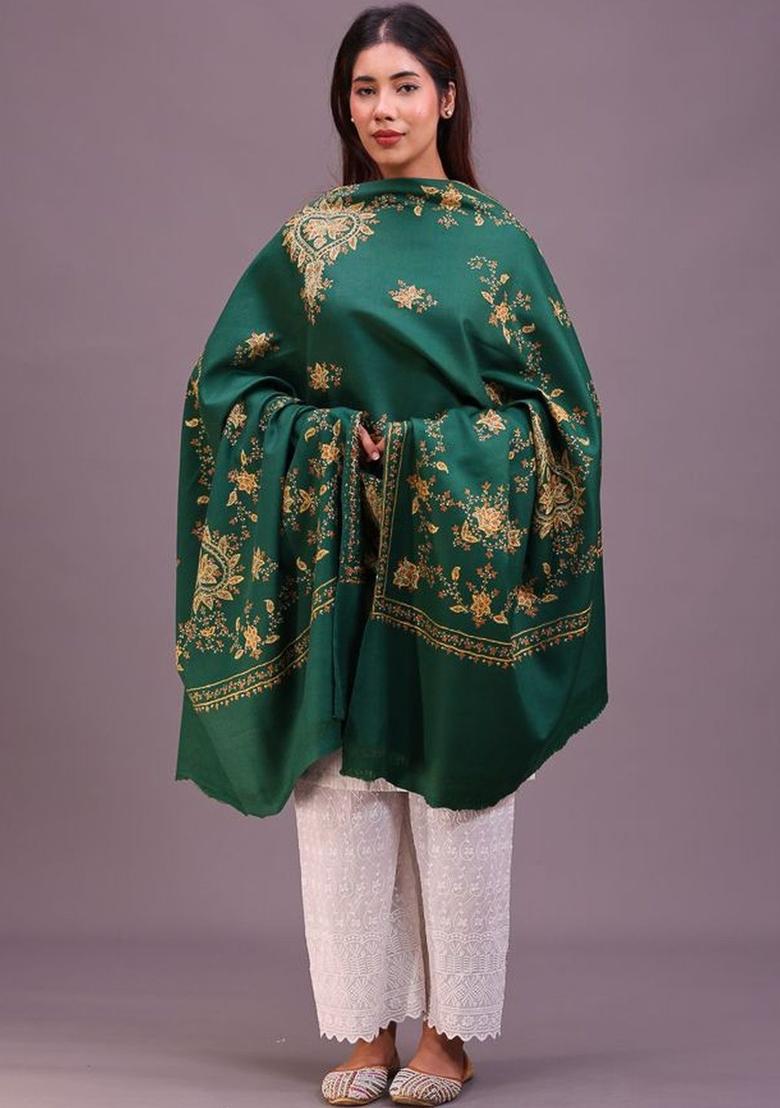 Green Floral Woolen Shawls - Indya