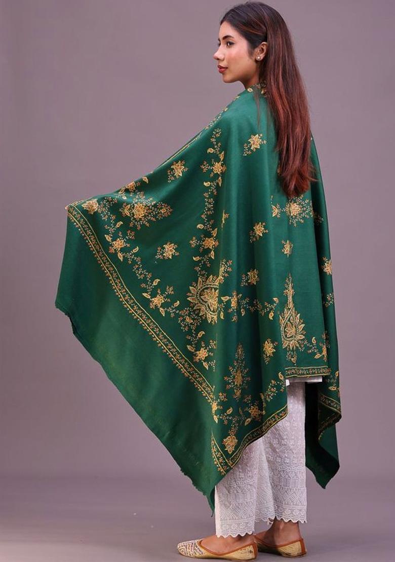 Green Floral Woolen Shawls - Indya