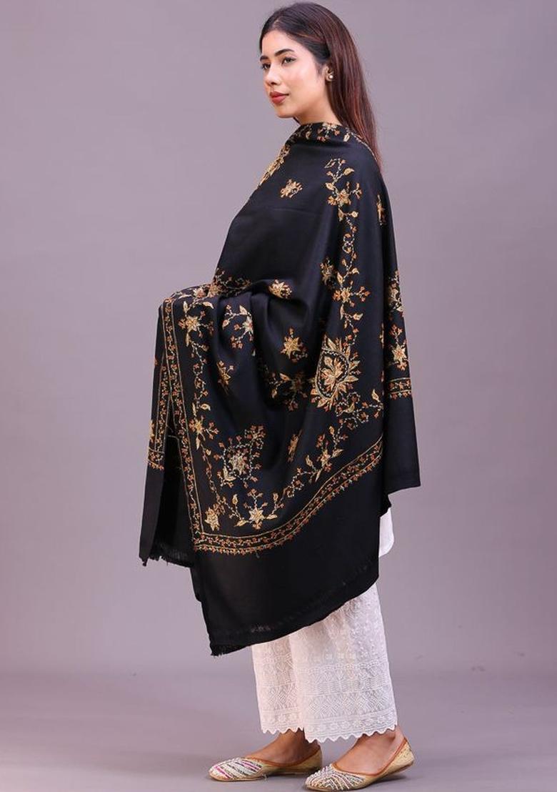 Black Floral Woolen Shawls - Indya