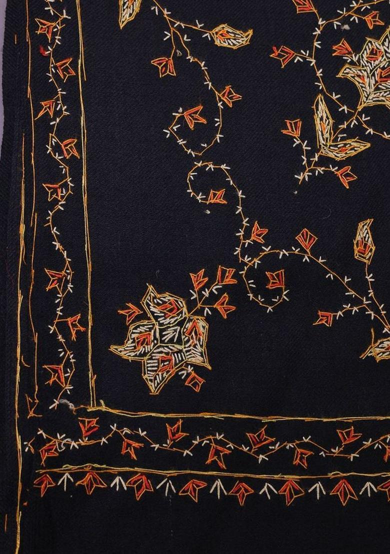 Black Floral Woolen Shawls - Indya