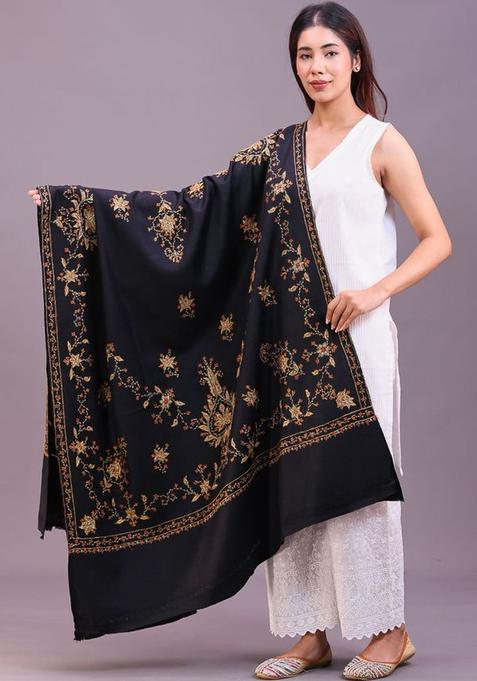 Black Floral Woolen Shawls