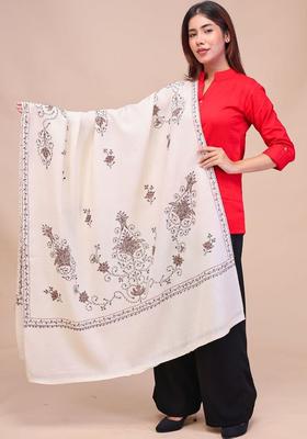 White Floral Woolen Shawls