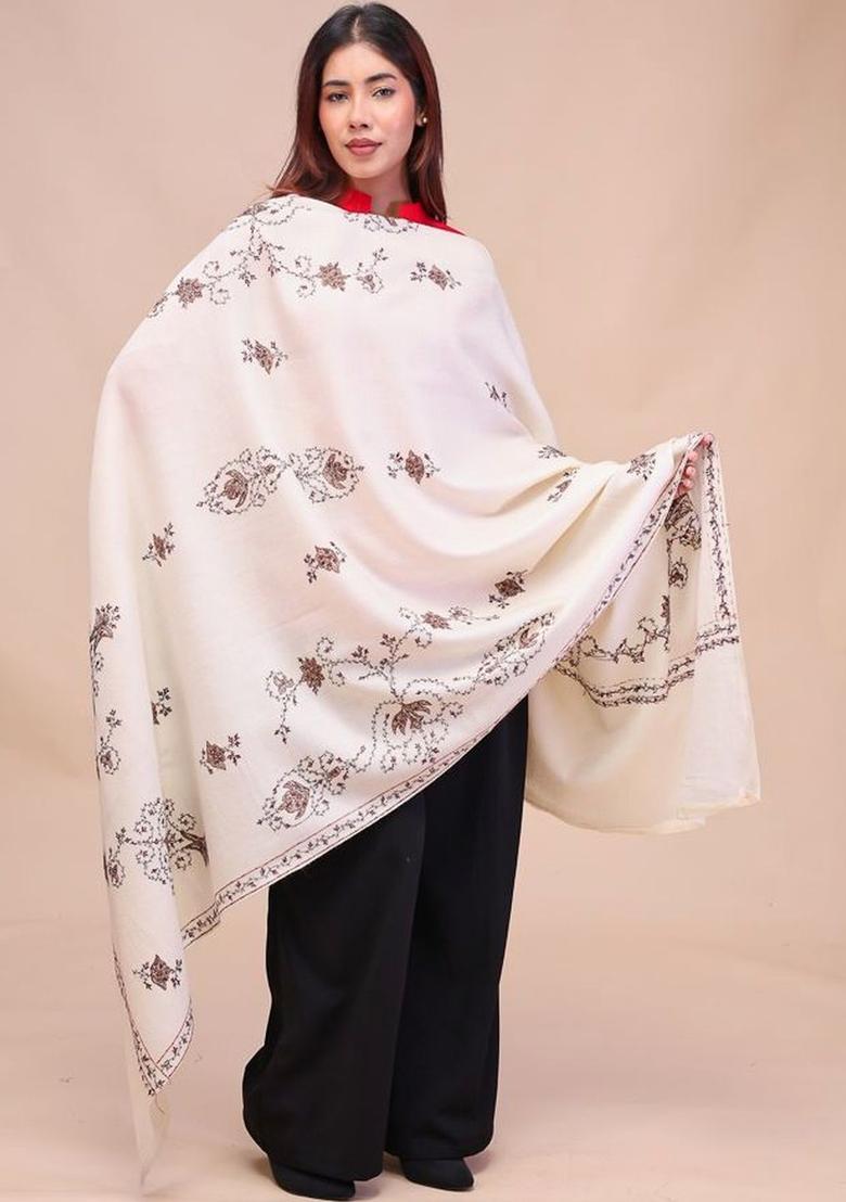 White Floral Woolen Shawls - Indya