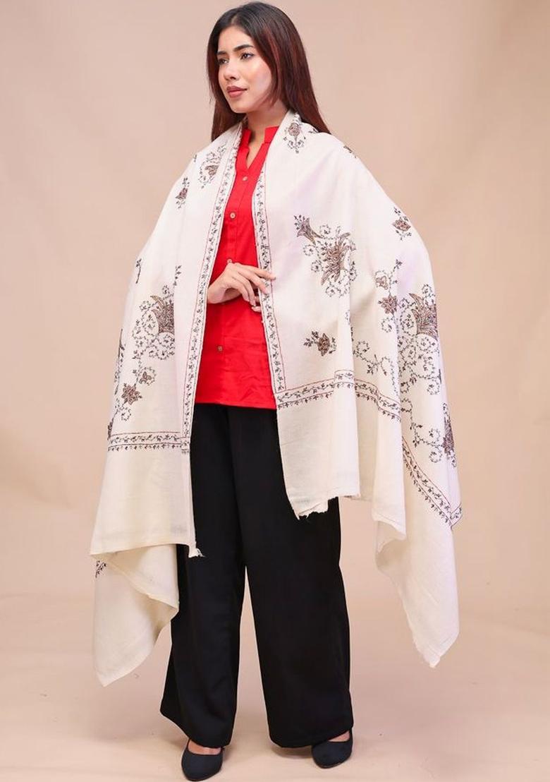 White Floral Woolen Shawls - Indya