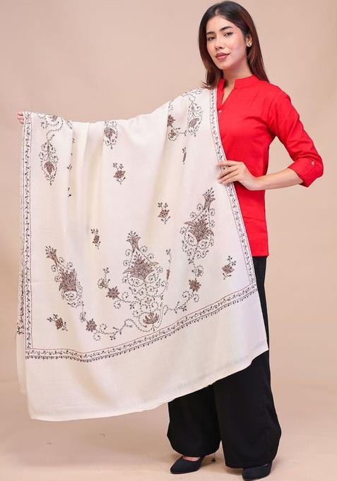 White Floral Woolen Shawls