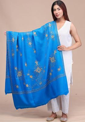 Turquoise Blue Floral Woolen Shawls