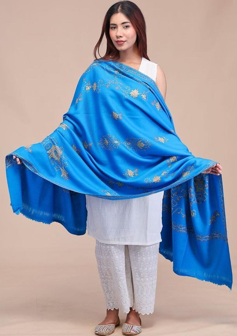 Turquoise Blue Floral Woolen Shawls - Indya