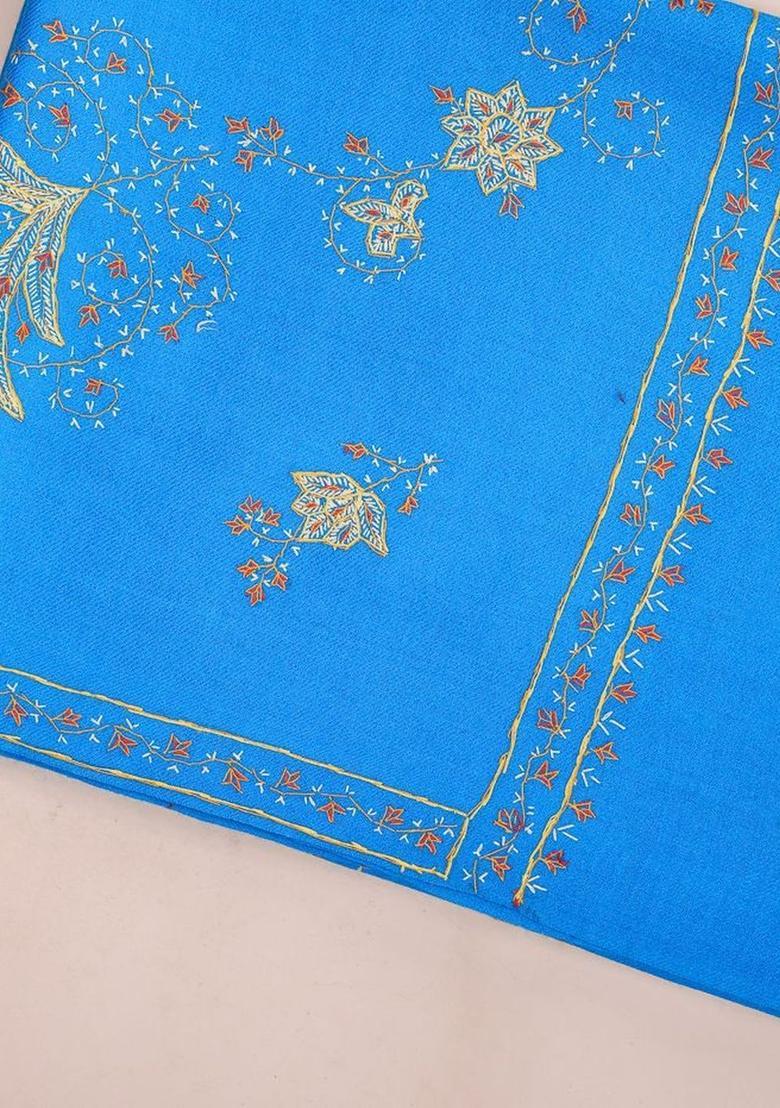 Turquoise Blue Floral Woolen Shawls - Indya