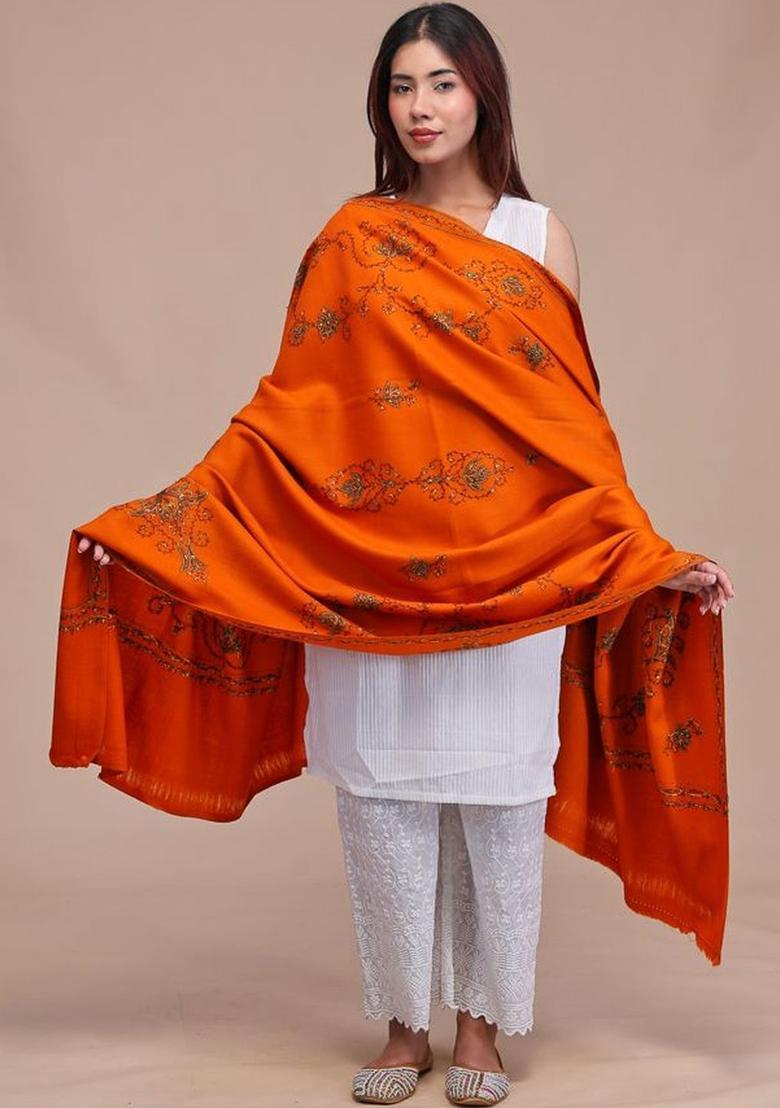 Rust Floral Woolen Shawls - Indya