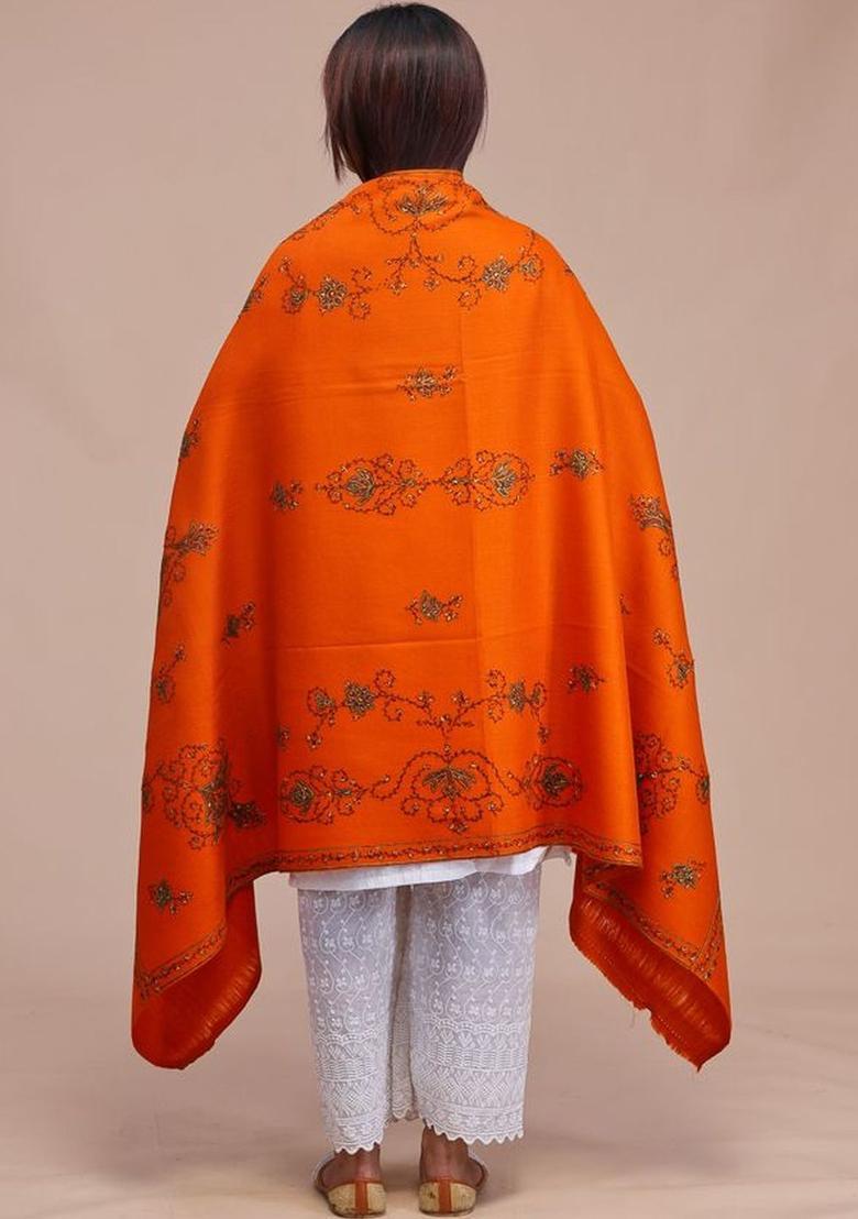 Rust Floral Woolen Shawls - Indya