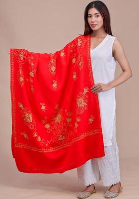 Red Floral Woolen Shawls