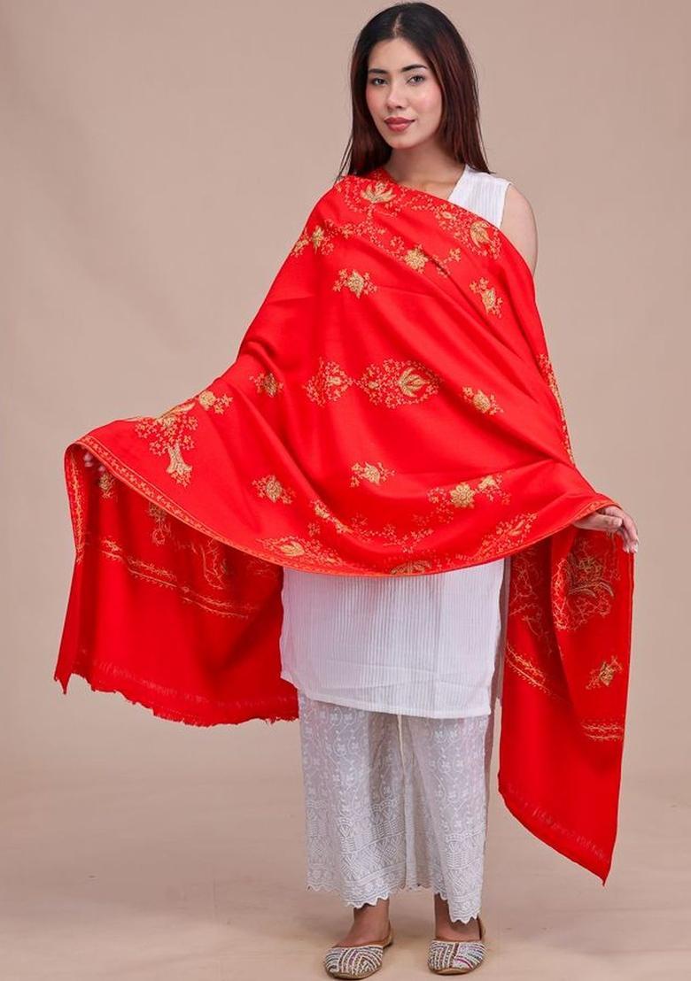 Red Floral Woolen Shawls - Indya
