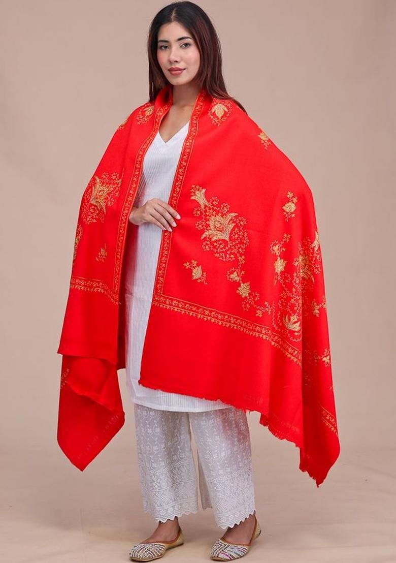 Red Floral Woolen Shawls - Indya