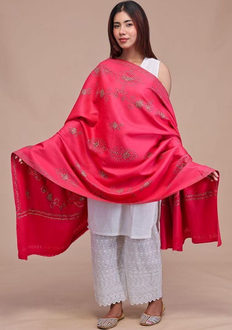Pink Floral Woolen Shawls - Indya