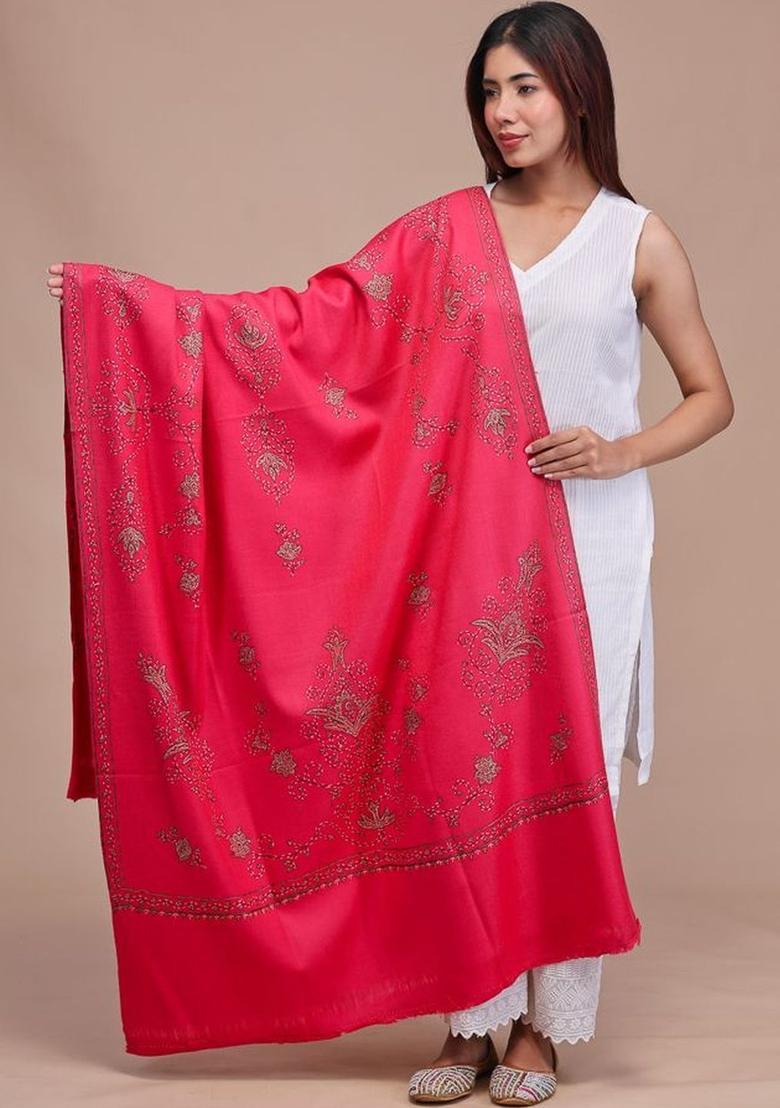 Pink Floral Woolen Shawls - Indya