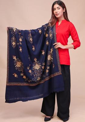 Navy Blue Floral Woolen Shawls