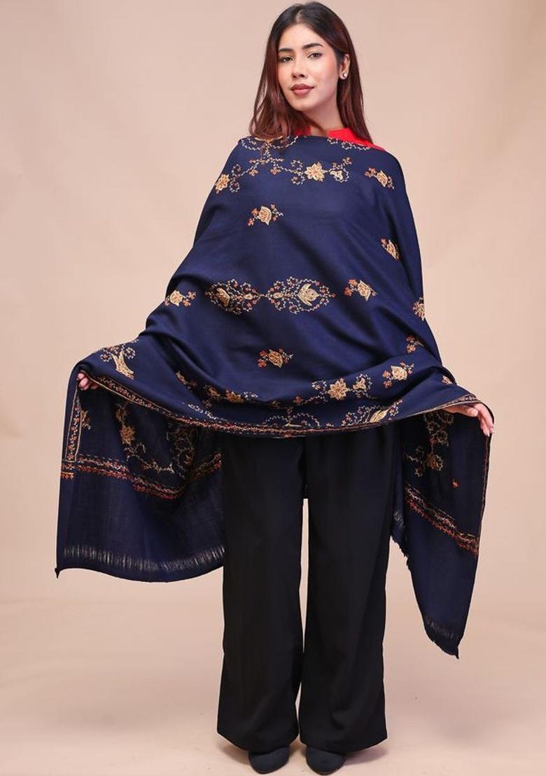 Navy Blue Floral Woolen Shawls - Indya