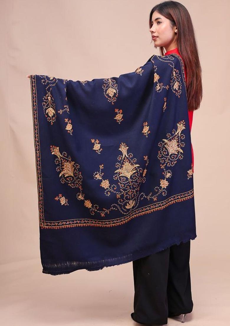 Navy Blue Floral Woolen Shawls - Indya