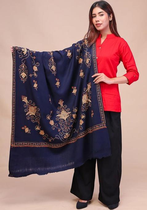 Navy Blue Floral Woolen Shawls