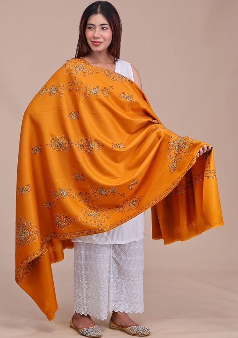Mustard Floral Woolen Shawls - Indya