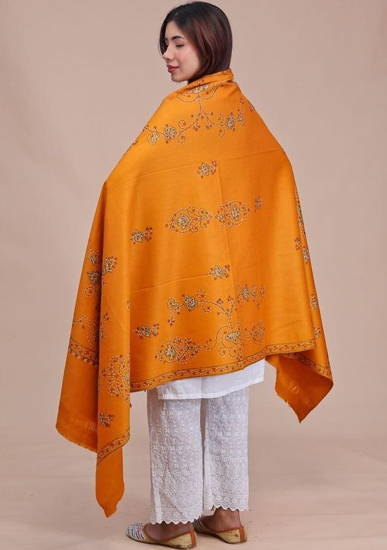 Mustard Floral Woolen Shawls - Indya