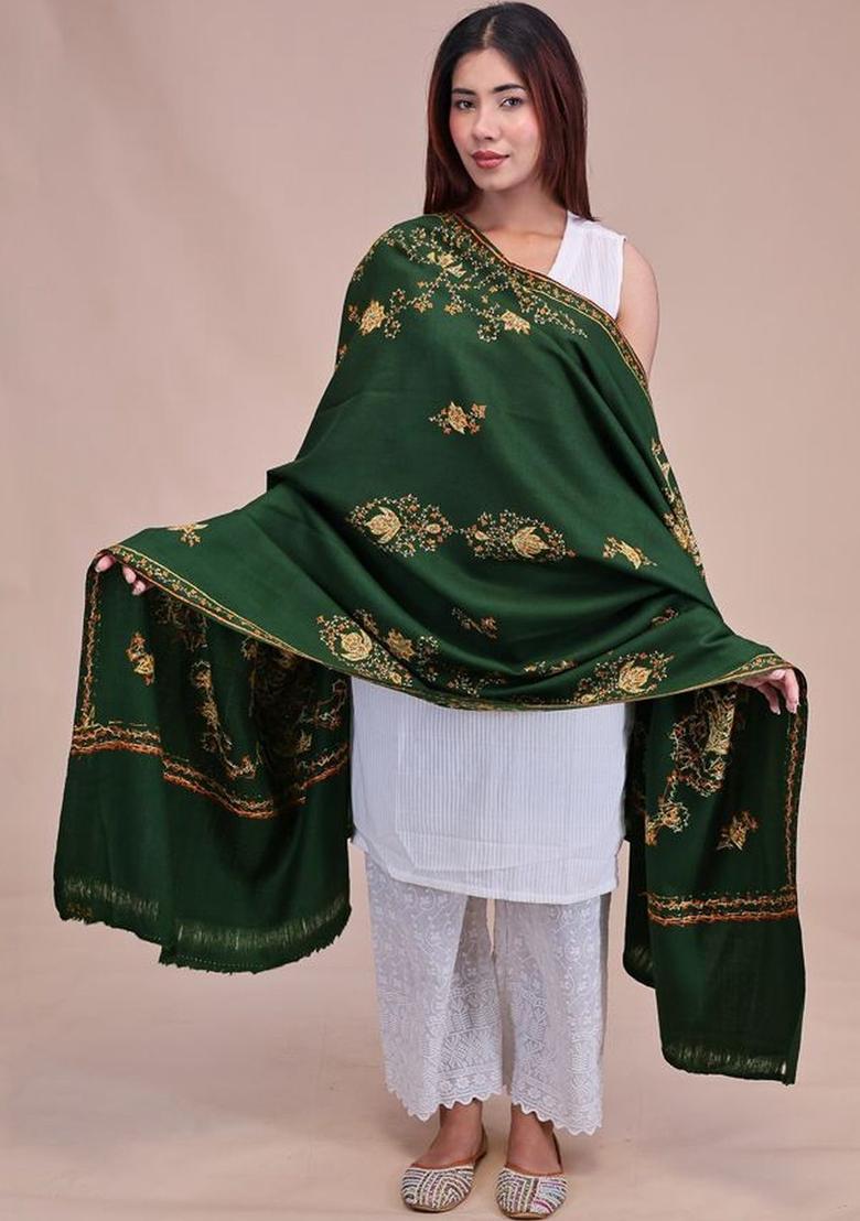 Green Floral Woolen Shawls - Indya