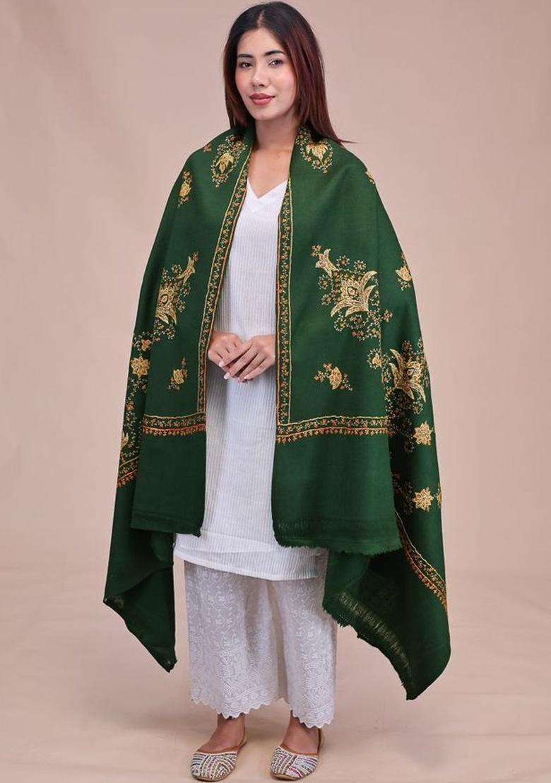 Green Floral Woolen Shawls - Indya