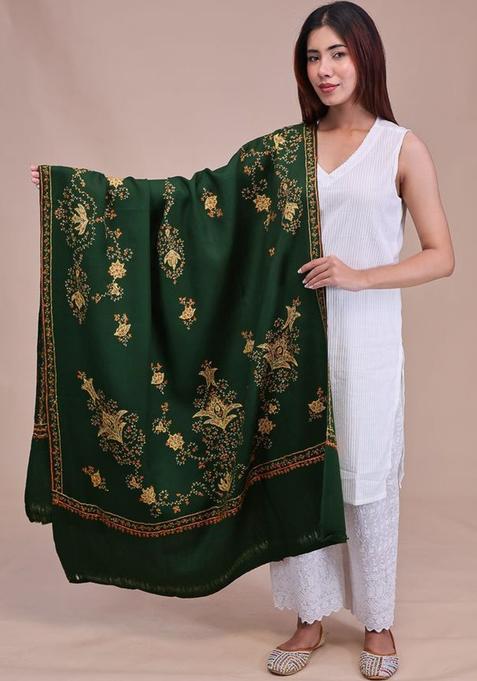 Green Floral Woolen Shawls