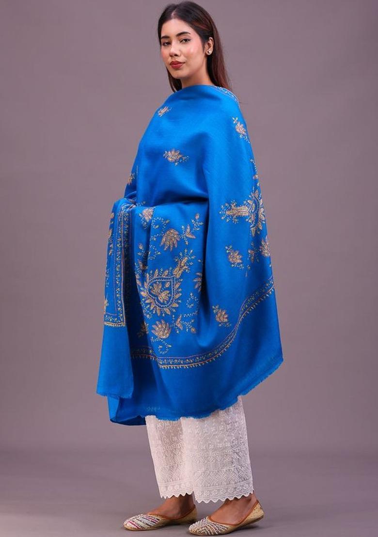 Turquoise Blue Floral Woolen Shawls - Indya