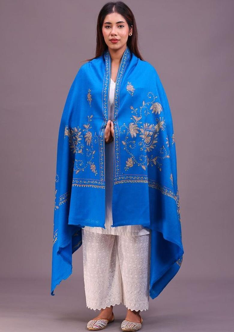 Turquoise Blue Floral Woolen Shawls - Indya