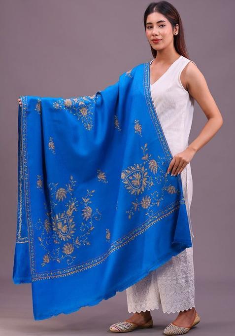 Turquoise Blue Floral Woolen Shawls