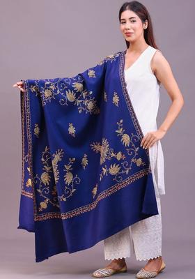 Navy Blue Floral Woolen Shawls