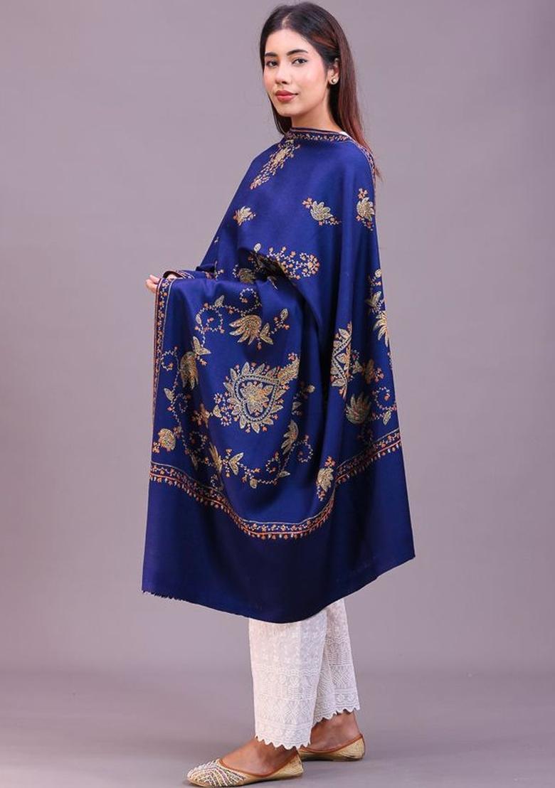 Navy Blue Floral Woolen Shawls - Indya