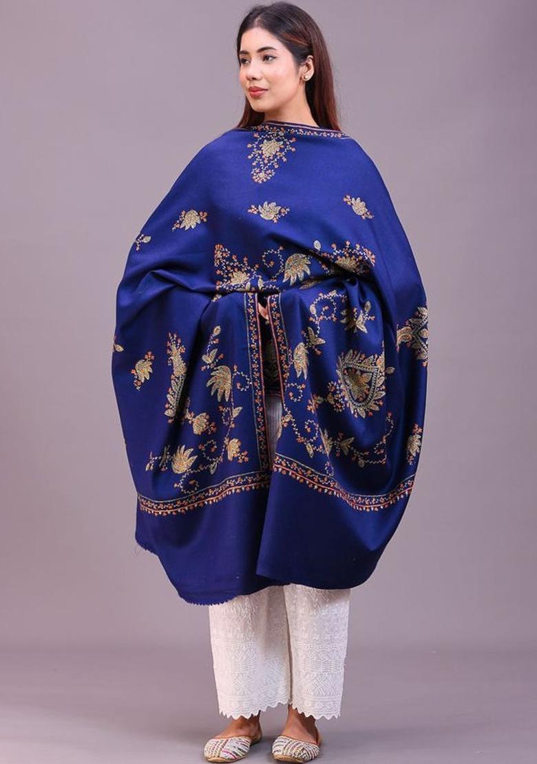 Navy Blue Floral Woolen Shawls - Indya
