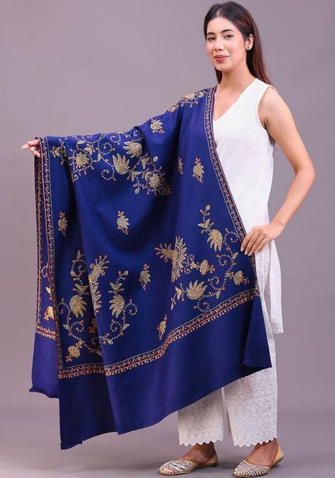 Navy Blue Floral Woolen Shawls