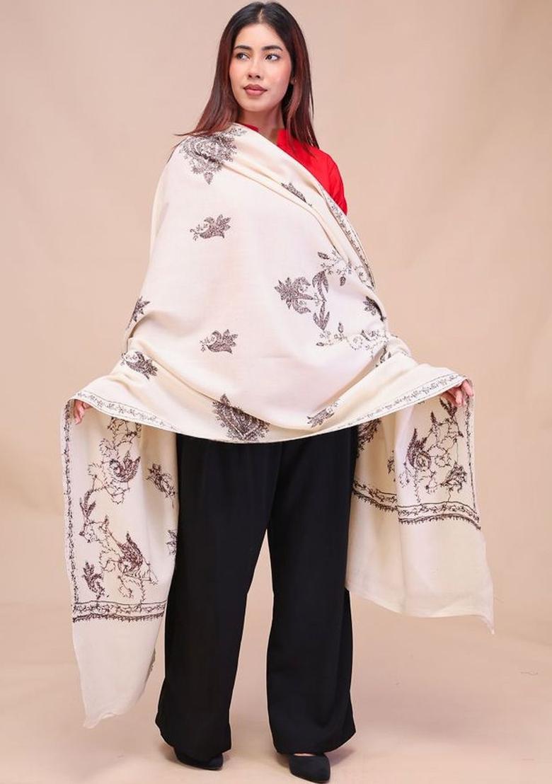 White Floral Woolen Shawls - Indya
