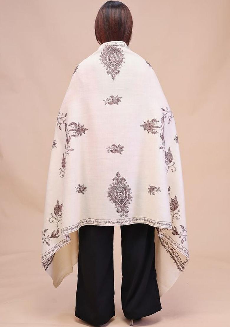 White Floral Woolen Shawls - Indya