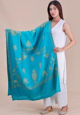 Sea Green Floral Woolen Shawls