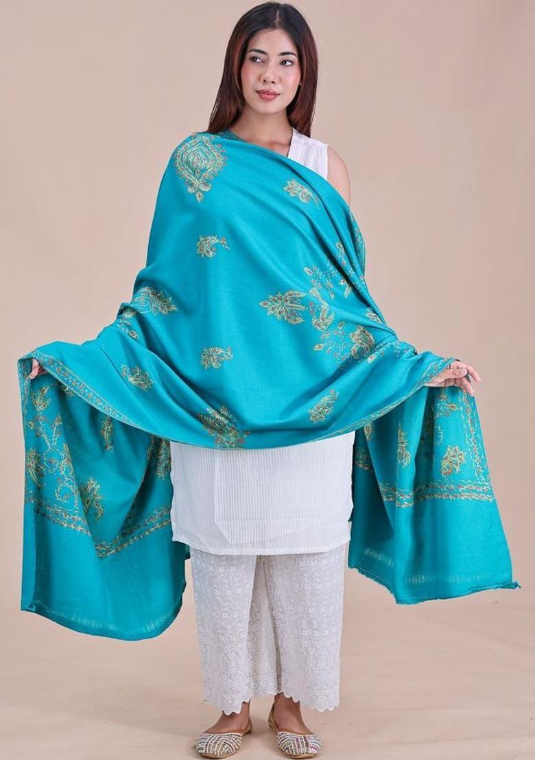 Sea Green Floral Woolen Shawls - Indya